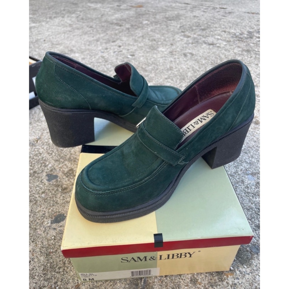 Sam & Libby Vintage 90s Green Suede Chunky Heel Loafers Jill SL 8M New In Box